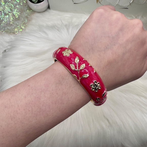 The Red and Gold Thick Enamel Floral Design Bangle Bracelet - Picture 3 of 7